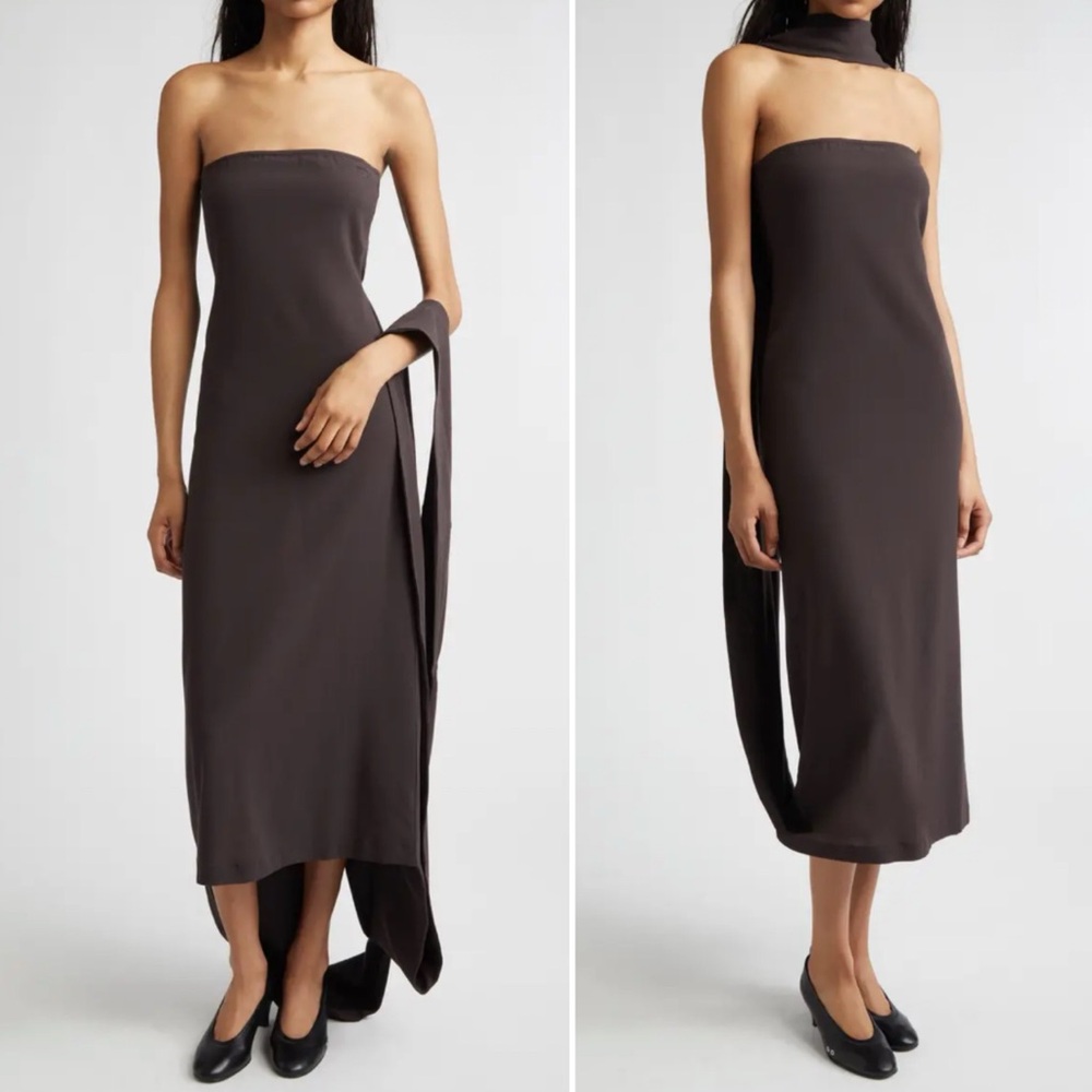 Paloma Wool Alberch Strapless Wool Blend Chocolate Brown Dress w/ Attached Scarf - Picture 4 of 12